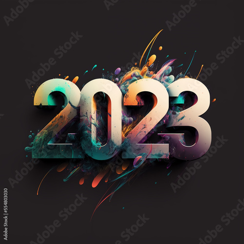 New Year 2023. Bright creative modern inscription on a dark background. 2023 lettering for greeting card, banner, congratulation poster photo