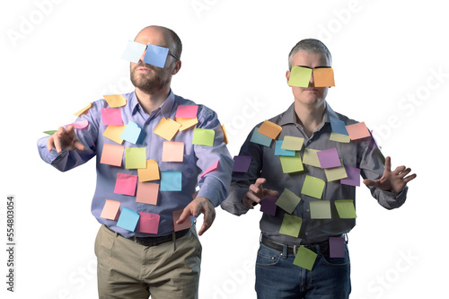 Zombie men covered with sticky notes