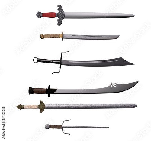3D Render : Set of Chinese saber, blade, sai and sword, traditional weapon mockup for graphic resource, PNG transparent photo
