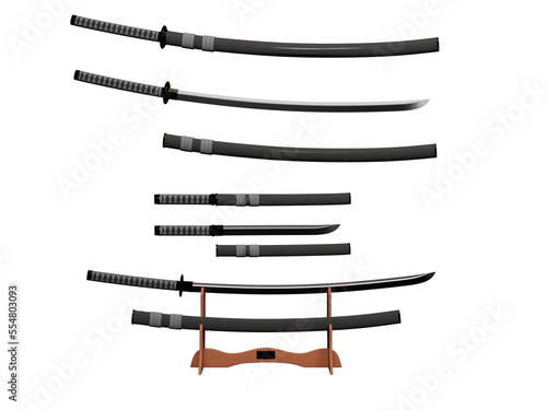 3D Render : Katana (Japanese sword) set, traditional samurai and ninja weapon mockup for graphic resource, PNG transparent