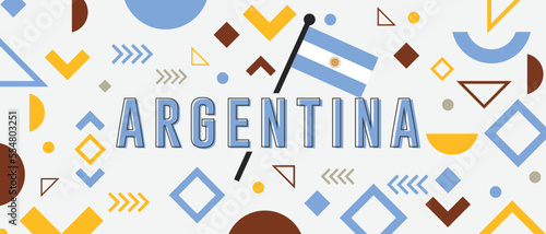 Argentina national day banner with flag colors theme background and geometric abstract Memphis style retro modern blue white yellow design. Argentinian theme. Buenos Aires Vector Illustration.