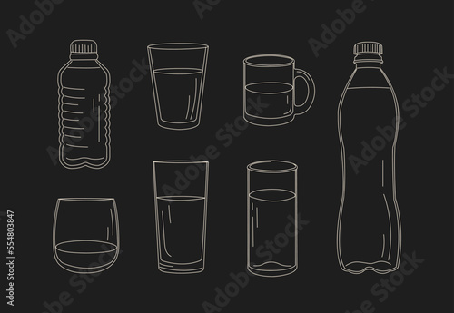 set of glasses with water, bottles, doodle. collection for shop, poster, banner black with white lines
