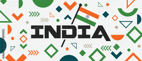 India national day banner with flag colors theme background and geometric abstract Memphis style retro modern orange white green design. Indian independence day theme. 