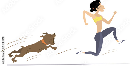 Cartoon running woman and angry dog illustration. Frightened sport woman runs away from the mad dog isolated on white 