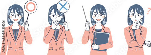 ビジネススーツの女性　表情ポーズの上半身イラストセット（マルバツ〇×の札　指さし棒で教える　疑問）