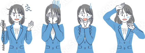 ビジネススーツの女性　表情ポーズの上半身イラストセット（イライラ　がっかり　困る　ショック）
