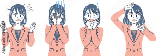 ビジネススーツの女性　表情ポーズの上半身イラストセット（イライラ　がっかり　困る　ショック）