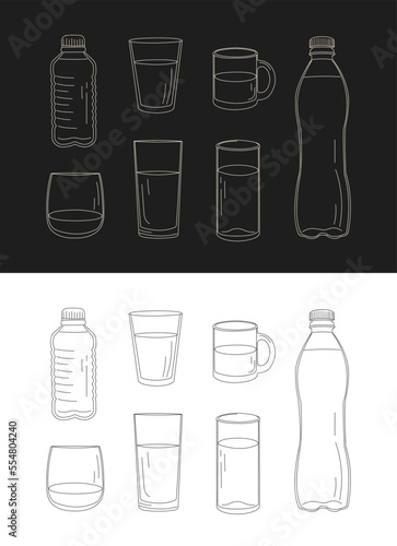 set of glasses with water, bottles, doodle. collection for shop, poster, banner black with white lines and white with black lines