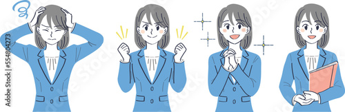 ビジネススーツの女性　表情ポーズの上半身イラストセット（悩む　ガッツポーズ　憧れ　笑顔）	