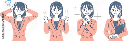 ビジネススーツの女性　表情ポーズの上半身イラストセット（悩む　ガッツポーズ　憧れ　笑顔）