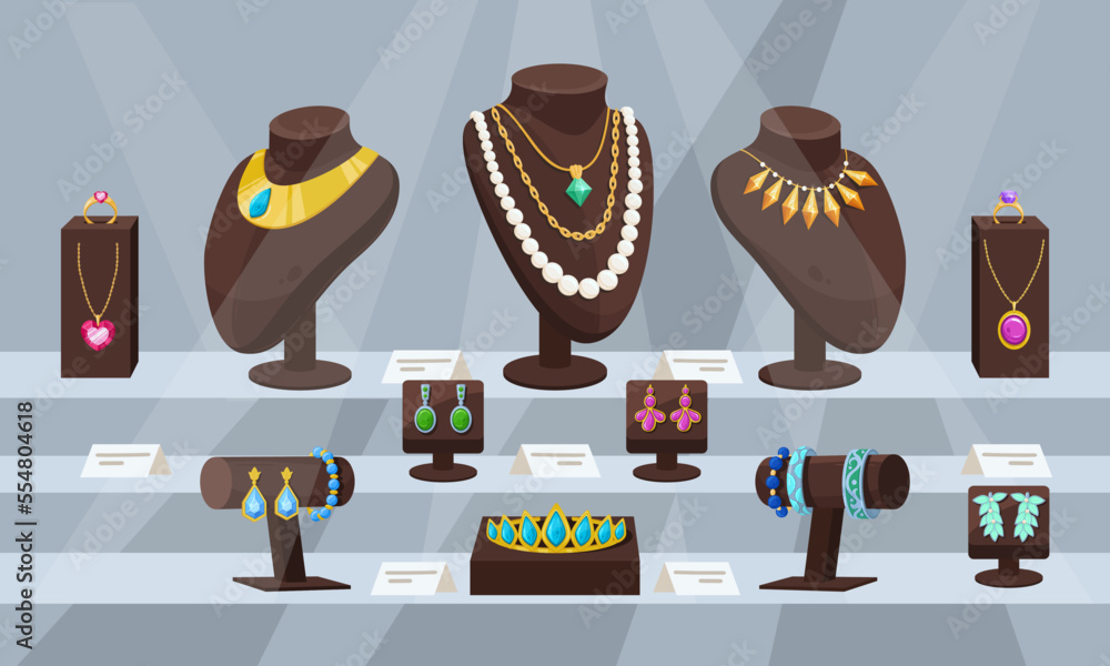 Cartoon Jewelry Shop Showcase Precious Accessories Glamorous Jewelry 