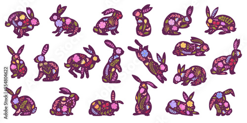 Cartoon Easter bunny silhouettes. Cute spring flowers rabbits, decorated hare easter flat vector illustration set. Holiday rabbits silhouette collection