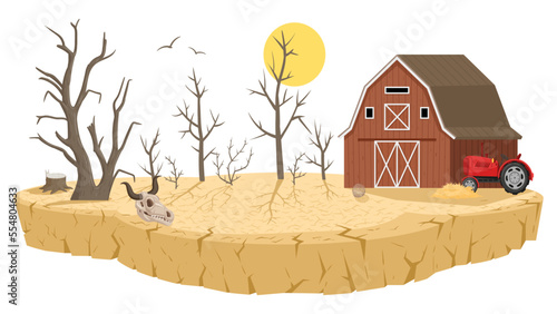 Cartoon barren lands, natural disaster. Drought land, dry farmlands soil with dead trees, barrenness and soil poverty flat vector illustration isolated on white background