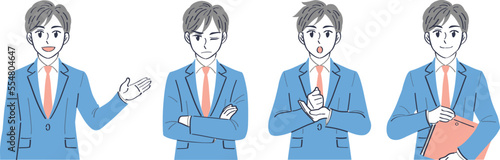 ビジネススーツの男性　表情ポーズの上半身イラストセット（案内する　イライラする　気づく　納得）