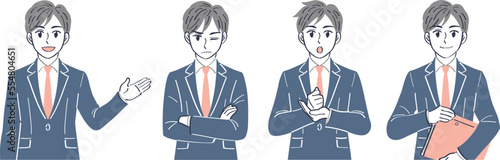 ビジネススーツの男性　表情ポーズの上半身イラストセット（案内する　イライラする　気づく　納得）