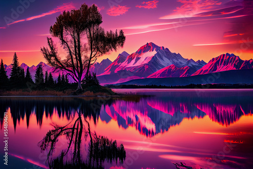 Majestic mountain range at sunrise with small lake and lone tree in foreground.