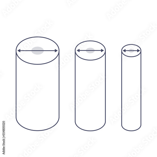 Cylinder diameter icon set. Distance measurement tool. Twice the radius length. The longest chord of the circle. Education concept. Vector illustration.