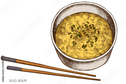 Asian food hand drawn vector illustrations collection. Colored egg soup.