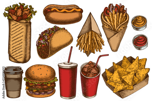 Street food hand drawn vector illustrations collection. Colored sauces, nachos, soda, gyros, burger, taco, shawarma, french fries, hot dog, paper cup.