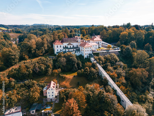 Germany, Bavaria, Passau, Aerial view of Paulinerkloster and Wallfahrtskirche Mariahilf in summer photo