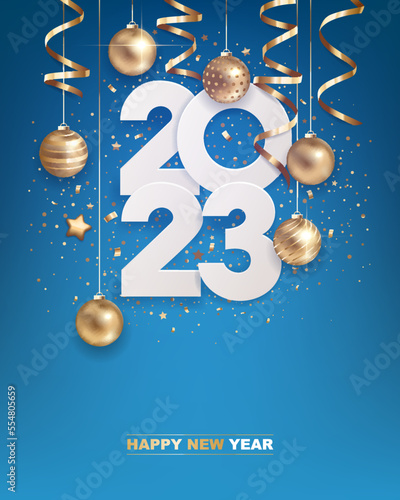 Happy new year 2023. White paper numbers with golden Christmas decoration and confetti on blue background. Holiday greeting card design.