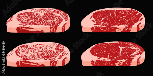 Raw wagyu sirloin steak isolated on background, Japanese beef steak poster Meat business logo typography template - shop, market, restaurant or design - banner vector illustration, sticker, menu.