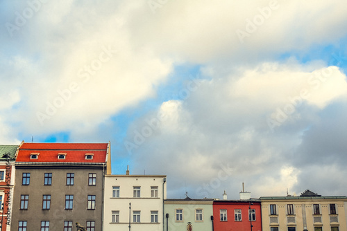 Residential buildings cityscape photo. Beautiful urban scenery photography with cloudy sky on background. Street scene. High quality picture for wallpaper, travel blog, magazine, article