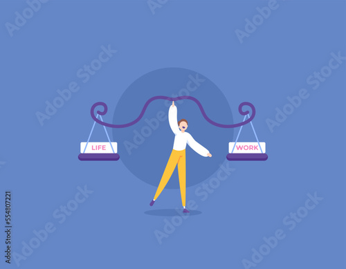 work and life balance. balancing his responsibilities in work and things that are not related to work. an entrepreneur or worker uses a scale to balance work and life or family. concept illustration