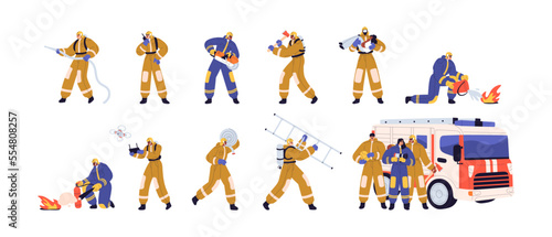 Firefighters with firefighting equipment at work. Fire fighters with ladder, hose, truck, hydrant. Firemen in uniform in emergency set. Flat graphic vector illustrations isolated on white background