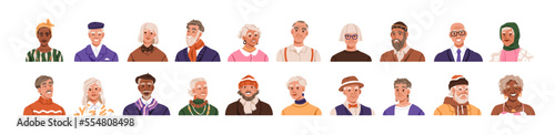Senior old people avatars set. Happy men and women of older age, face head portraits. Diverse elderly grandmothers, grandfather profile pictures. Flat vector illustrations isolated on white background