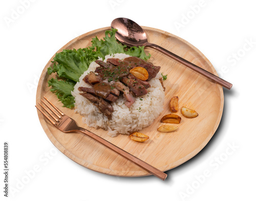 Topped Grilled pork neck with rice and tabasco isolated on white, Thai food, Quick meal