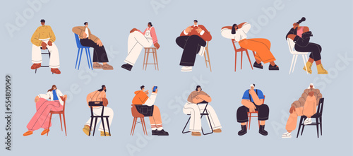 Young people sitting on chairs set. Men, women posing on seats in diverse positions, postures in modern style. Happy relaxed characters models leaning on stools. Isolated flat vector illustration