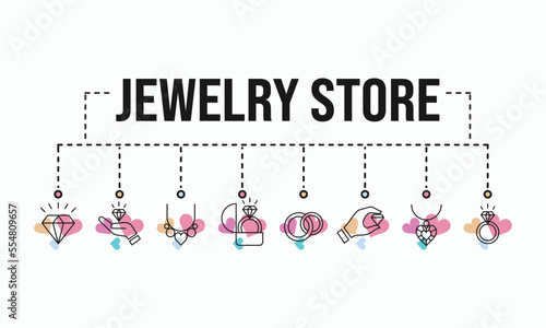 Set of jewelry Banner Related Vector Line Icons color. Includes such Icons as diamond, ring, wedding ring, bracelet, earrings, necklace, jeweler, jewel