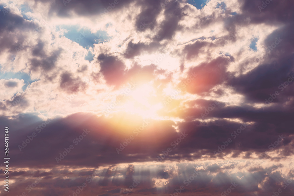 Bright cloudy magic sky. Cloudscape with copy space. Sunrise and heaven
