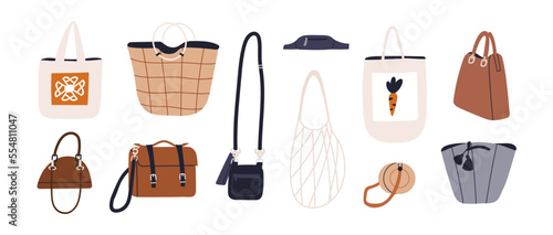 Fashion purses designs set. Hand and shoulder bags models in modern style. Women accessories, leather handbags, textile totes, grocery mesh. Flat vector illustrations isolated on white background