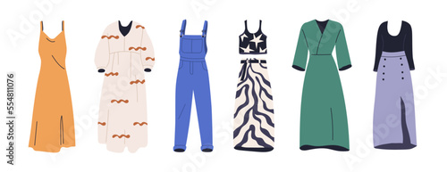 Dresses and skirts, jumpsuit, female apparels set. Women garments, fashion wearings. Casual feminine summer clothes in modern trendy style. Flat vector illustrations isolated on white background