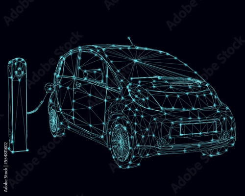 Charging electric car wireframe made of blue lines with glowing lights isolated on a dark background. 3D. Vector illustration.