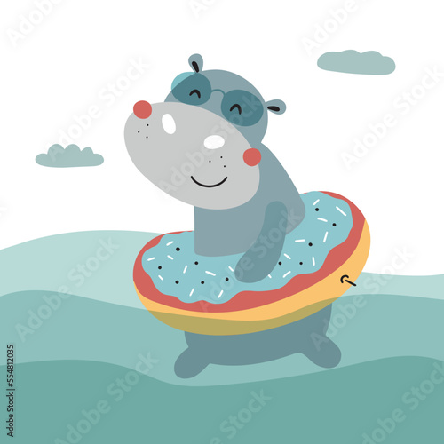 Funny cute swimming hippopotamus with circle. Vector illustration in bright colors for nursery decoration, postcards, textiles