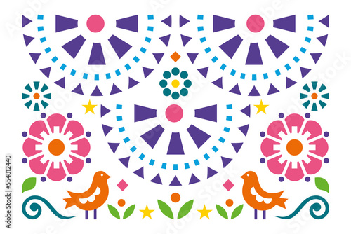 Mexican folk art style vector greeting card or invitaiton design with birds, flowers and leaves

 photo