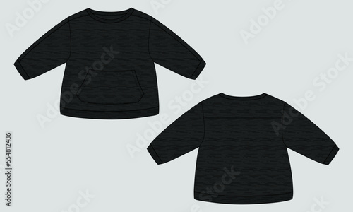 Fleece fabric long sleeve  sweatshirt technical fashion flat vector illustration black color template for children.