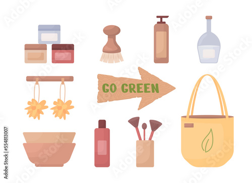 Go green semi flat color vector objects set. Editable elements. Full sized items on white. Simple cartoon style illustrations pack for web graphic design and animation. Nerko One Regular font used
