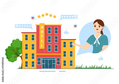 Hotel Review with Rating Service, User Satisfaction to Rated Customer, Product or Experience in Flat Cartoon Hand Drawn Templates Illustration