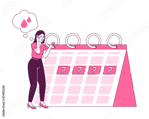 Lady with cycle problem flat concept vector illustration. Late menstruation. Editable 2D cartoon character on white for web design. Gynecology creative idea for website, mobile, presentation