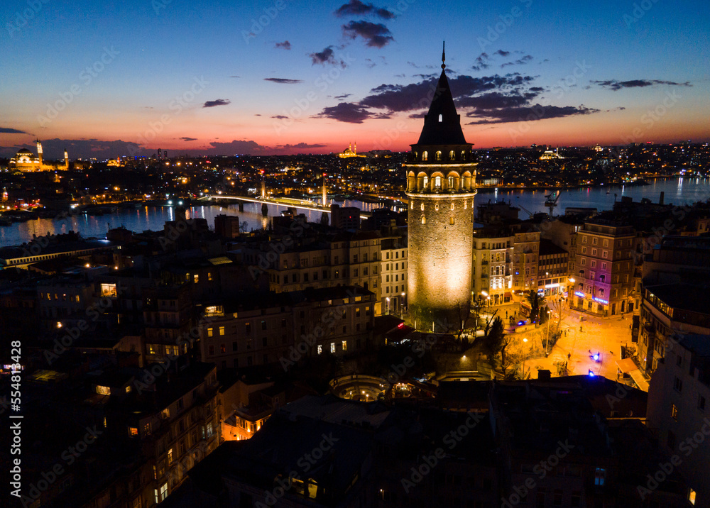 Galata Tower in the Sunset Time Drone Photo, Galata Beyoglu, Istanbul Turkey