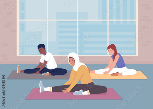 Workout in sport club flat color vector illustration. Stretching session. Yoga exercises. Fitness activities. Improve flexibility. Fully editable 2D simple cartoon characters with gym on background