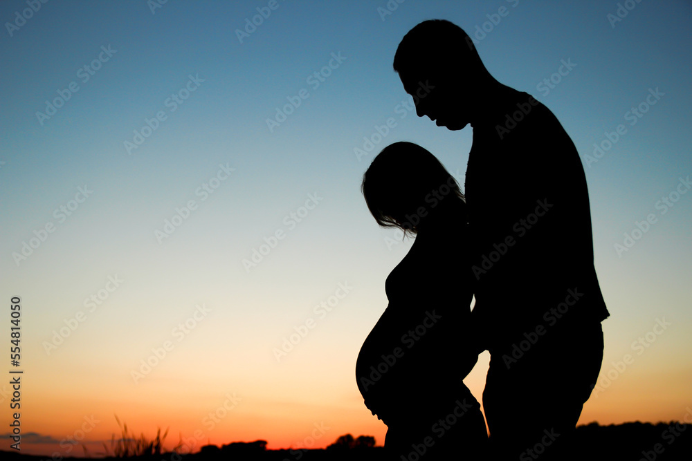 silhouette of a pregnant couple at sunset