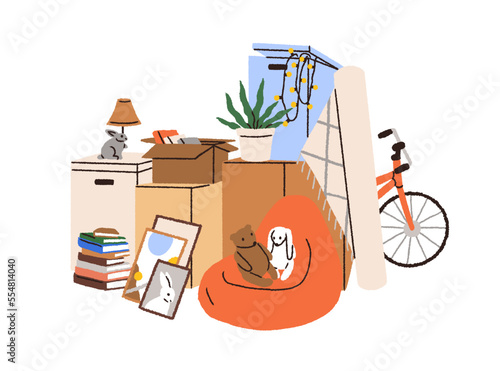 Kids stuff packed in cardboard boxes. Pile of packages for moving, many childish belongings, props, books, pictures, toys, furniture and bicycle. Flat vector illustration isolated on white background