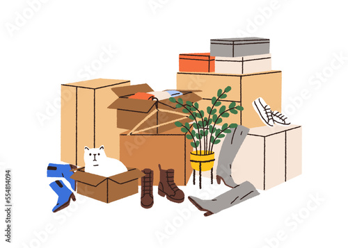 Boxes heap, packages pile with stuff, shoes. Cardboards stack with footwear, props, belongings and cute cat. Items, clothes packed for moving. Flat vector illustration isolated on white background