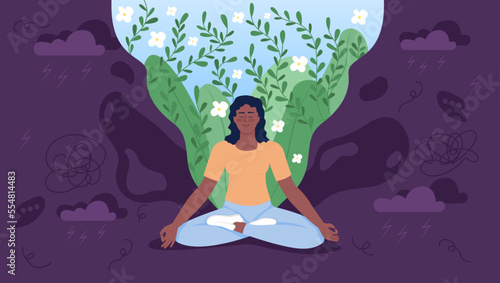 Meditated woman flat concept vector illustration. Inner peace. Mind harmony. Editable 2D cartoon characters on violet for web design. Yoga creative idea for website, mobile, presentation
