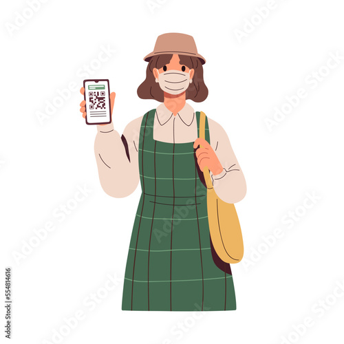 Woman showing QR code of digital covid vaccine certificate on mobile phone sc...
